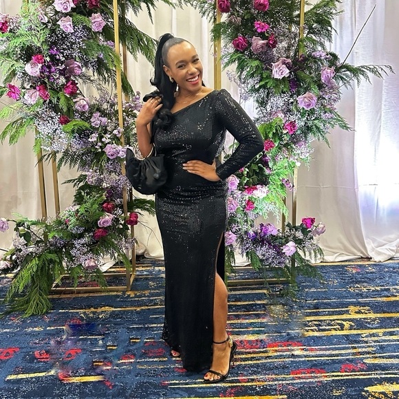 Vintage black sequin long dress one shoulder evening gown cocktail party gala - Picture 6 of 12